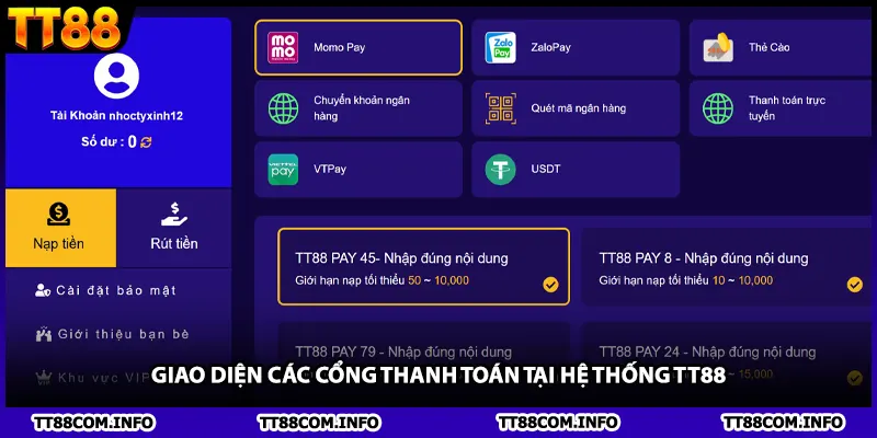Giao diện các cổng thanh toán tại hệ thống TT88